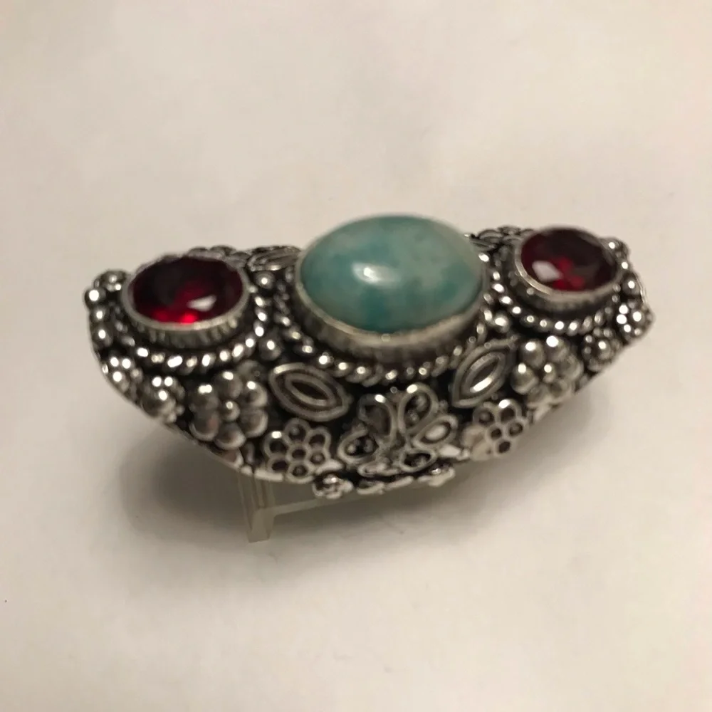 Amazonite Garnet Stamped 925 Sterling Silver Ring
